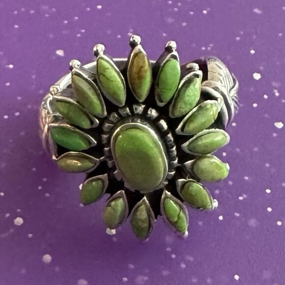 Authentic Zuni NeedlePoint Flower LEAF Ring in Green Turquoise 925 Silver UNIQUE - Picture 3 of 4